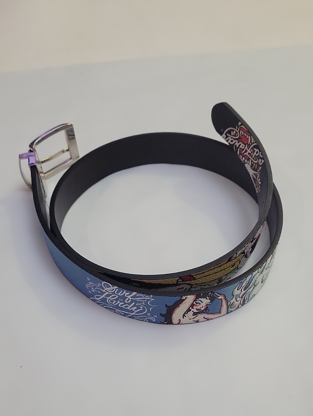 Ed Hardy Mens Size 40 Reversible Belt Blue Black Tattoo Graphic Mermaid Shark